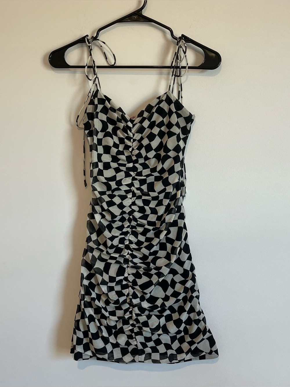 Bailey Rose Retro checkered Black and White Ruched Tie-Strap Mini Dress Small